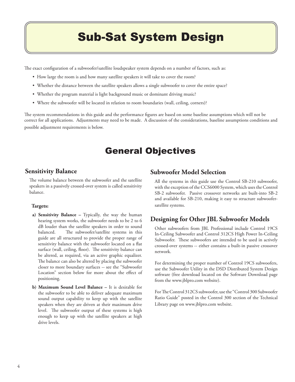 Sub-sat system design, General objectives, Sensitivity balance | Subwoofer model selection, Designing for other jbl subwoofer models | JBL SB210 User Manual | Page 6 / 20