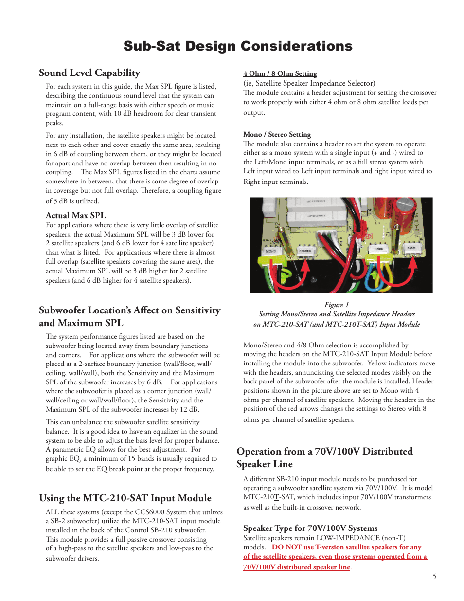 Sub-sat design considerations, Sound level capability, Using the mtc-210-sat input module | JBL SB210 User Manual | Page 7 / 20