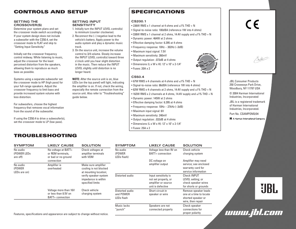 Controls and setup, Troubleshooting, Specifications | JBL CS Series User Manual | Page 4 / 4