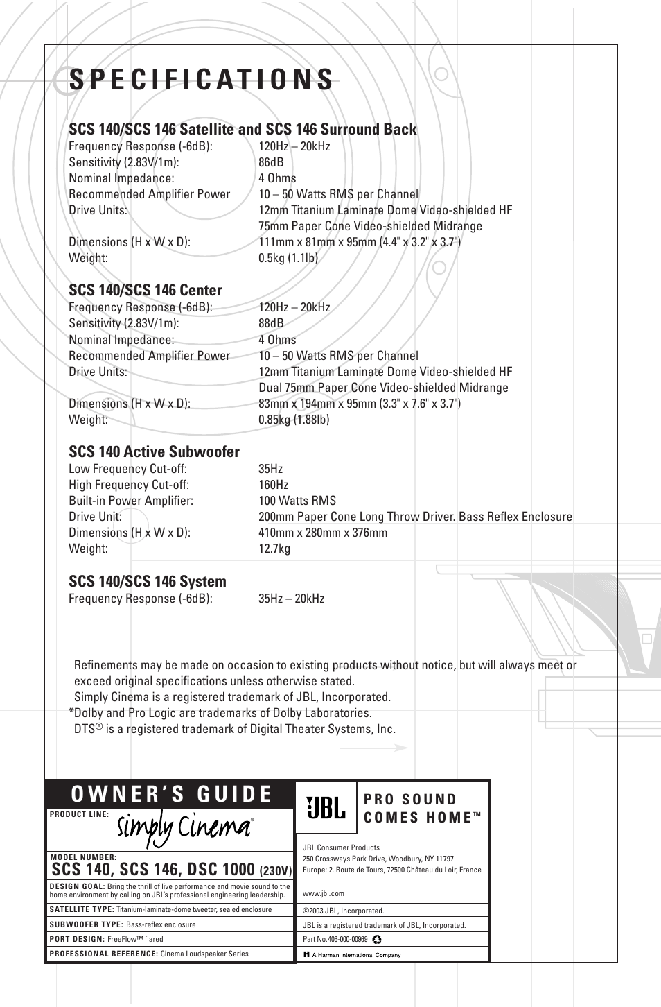 Scs 140 active subwoofer | JBL DSC 1000 User Manual | Page 10 / 10