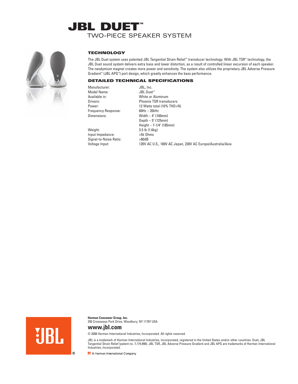 Jbl duet, Two-piece speaker system | JBL Two-Piece Speaker System User Manual | Page 2 / 2