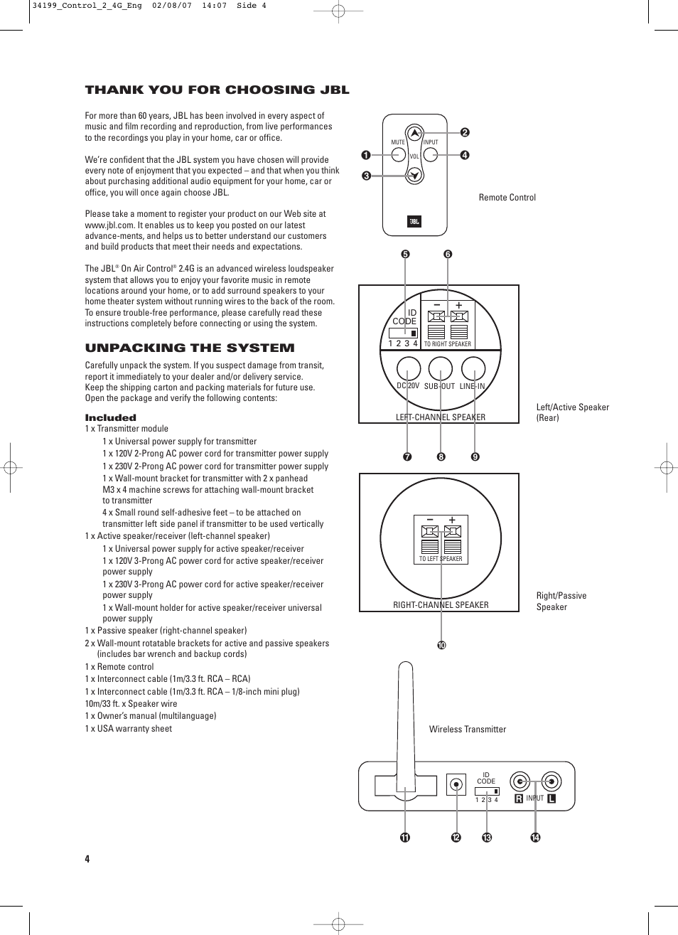 Unpacking the system | JBL CONTROL 2.4G User Manual | Page 4 / 12