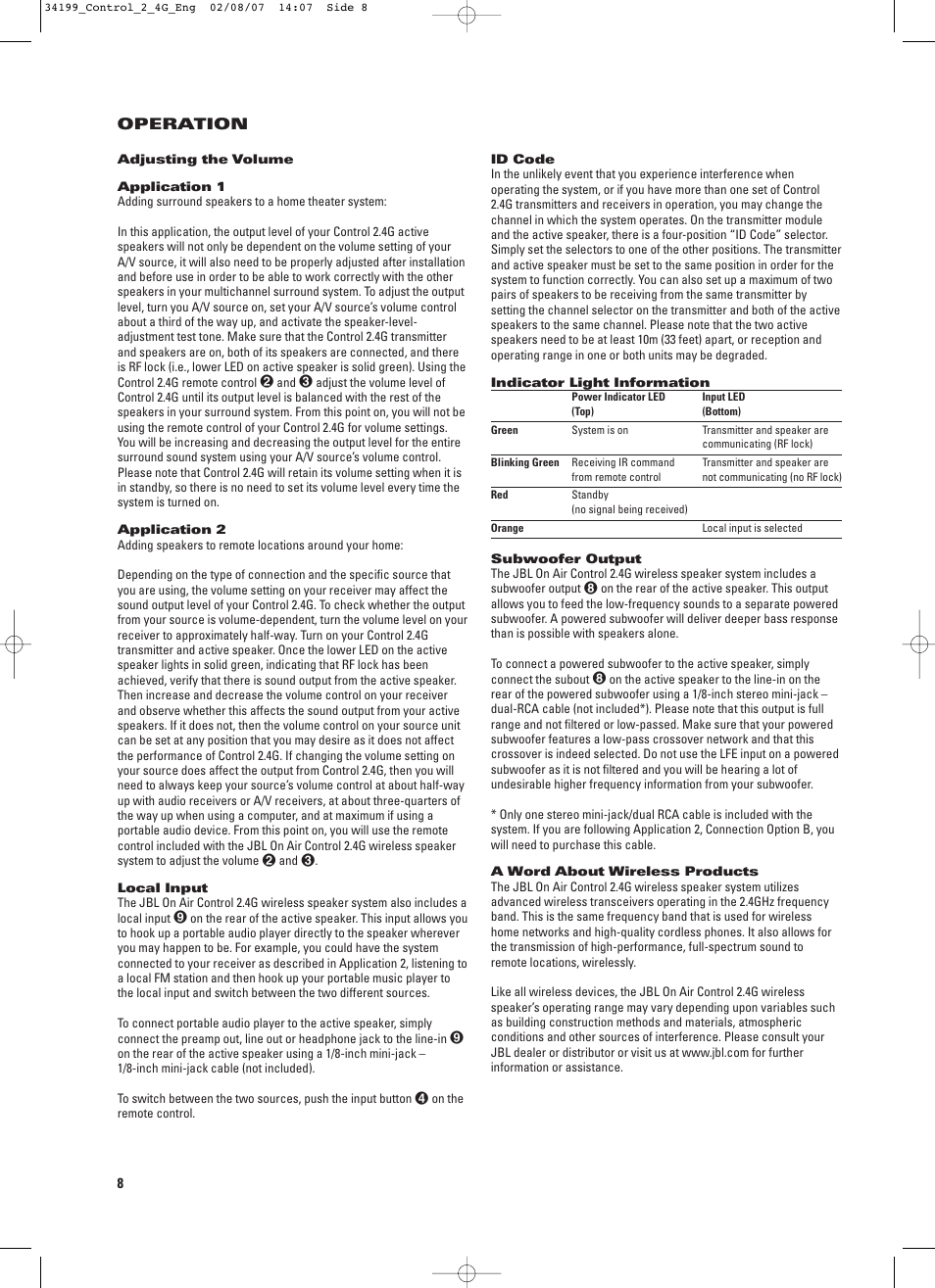 Operation | JBL CONTROL 2.4G User Manual | Page 8 / 12