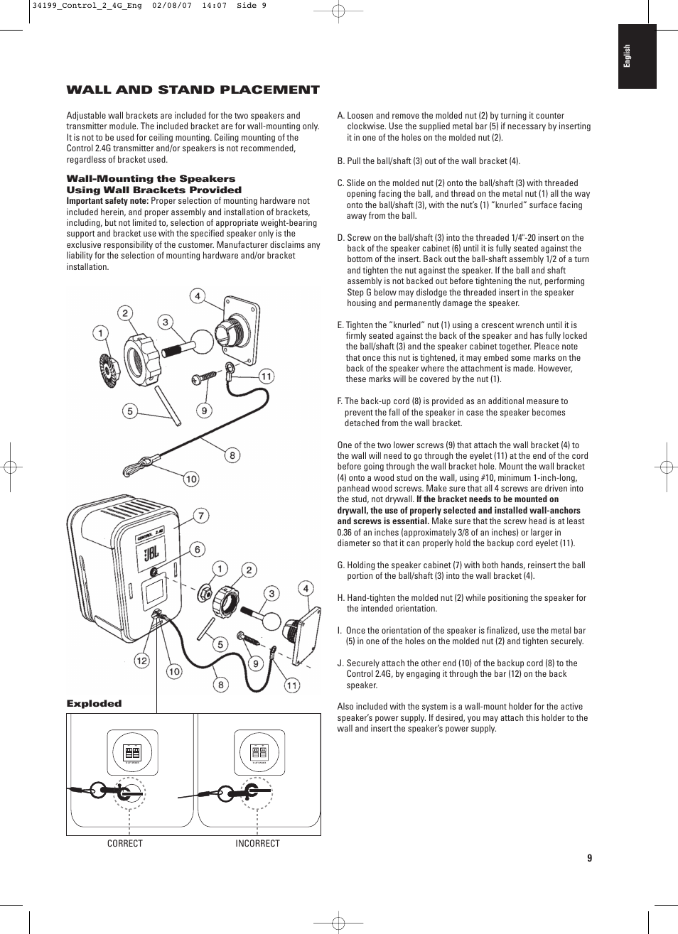 Wall and stand placement | JBL CONTROL 2.4G User Manual | Page 9 / 12