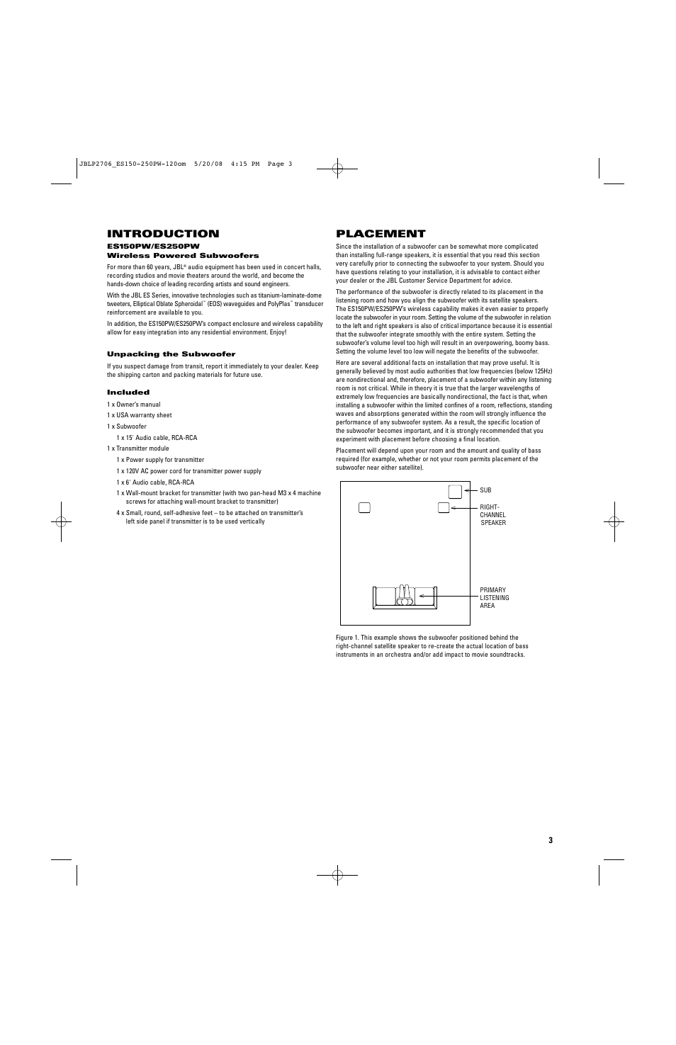 Introduction, Placement | JBL ES250PW User Manual | Page 3 / 8