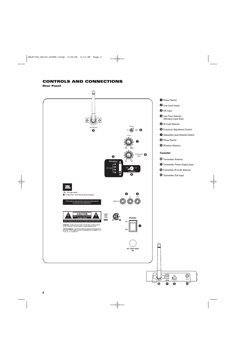 Controls and connections | JBL ES250PW User Manual | Page 4 / 8