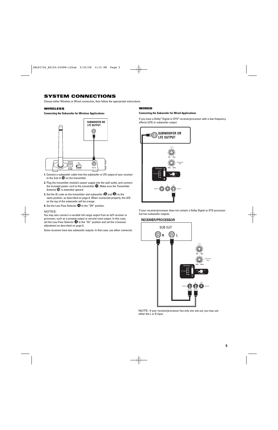 System connections | JBL ES250PW User Manual | Page 5 / 8