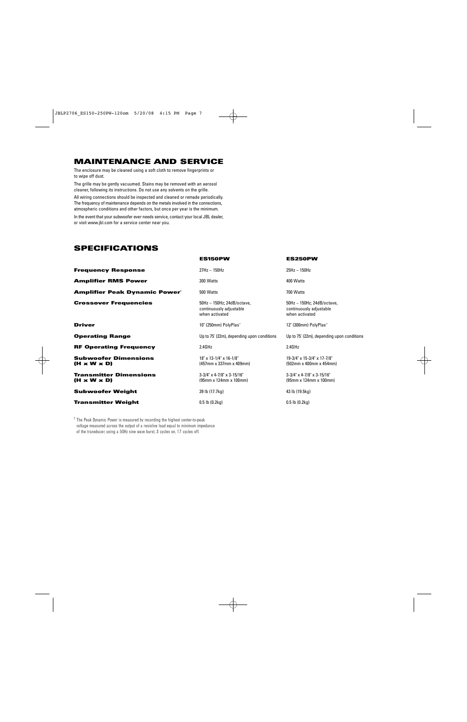 Specifications maintenance and service | JBL ES250PW User Manual | Page 7 / 8