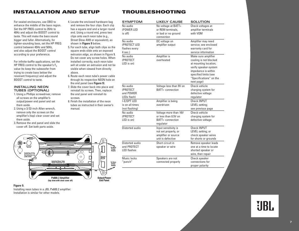 Installation and setup, Troubleshooting | JBL BPx2200.1 User Manual | Page 7 / 8