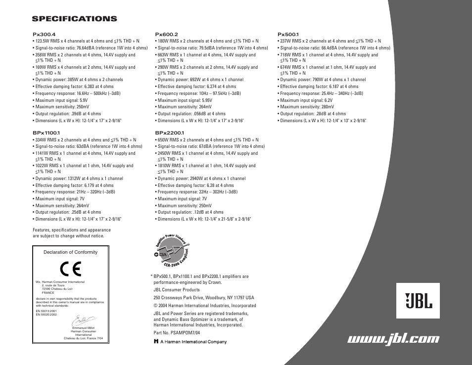 Specifications | JBL BPx2200.1 User Manual | Page 8 / 8