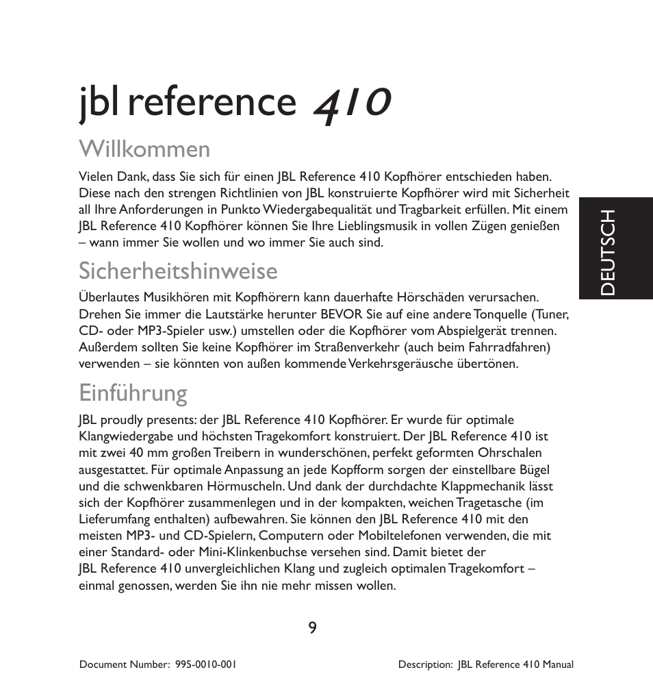 Reference, Sicherheitshinweise, Willkommen | Einführung | JBL 410 User Manual | Page 10 / 37