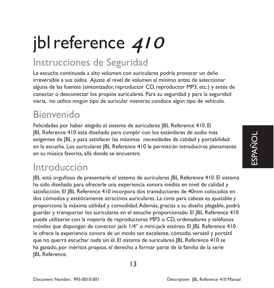 Reference, Instrucciones de seguridad, Bienvenido | Introducción | JBL 410 User Manual | Page 14 / 37