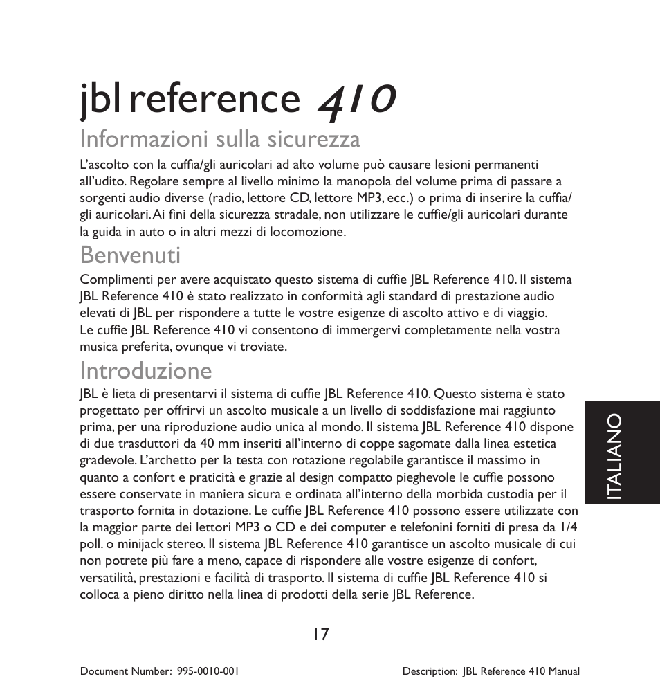 Reference, Informazioni sulla sicurezza, Benvenuti | Introduzione | JBL 410 User Manual | Page 18 / 37