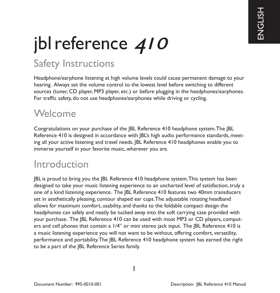 Reference, Safety instructions, Welcome | Introduction | JBL 410 User Manual | Page 2 / 37