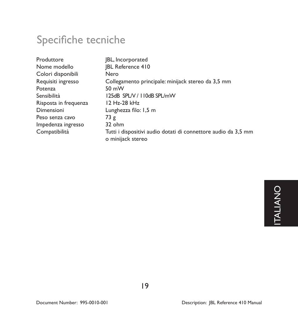 Specifiche tecniche, It aliano | JBL 410 User Manual | Page 20 / 37