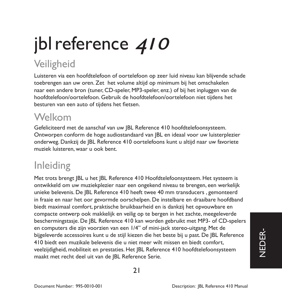 Reference, Veiligheid, Welkom | Inleiding | JBL 410 User Manual | Page 22 / 37