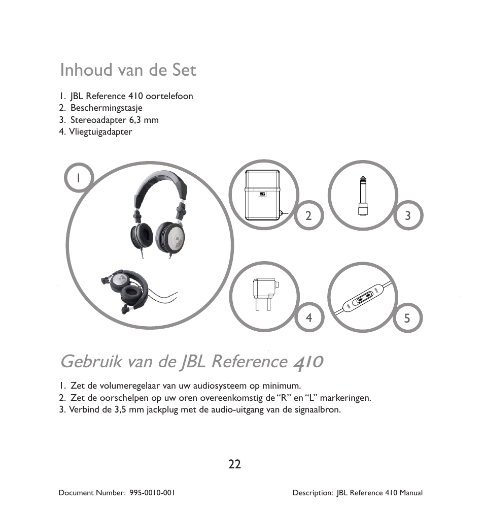 Gebruik van de jbl reference, Inhoud van de set | JBL 410 User Manual | Page 23 / 37