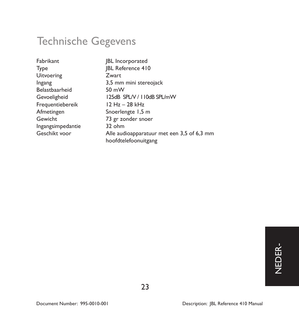 Technische gegevens, Neder | JBL 410 User Manual | Page 24 / 37