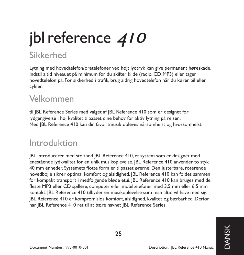 Reference, Sikkerhed, Velkommen | Introduktion | JBL 410 User Manual | Page 26 / 37
