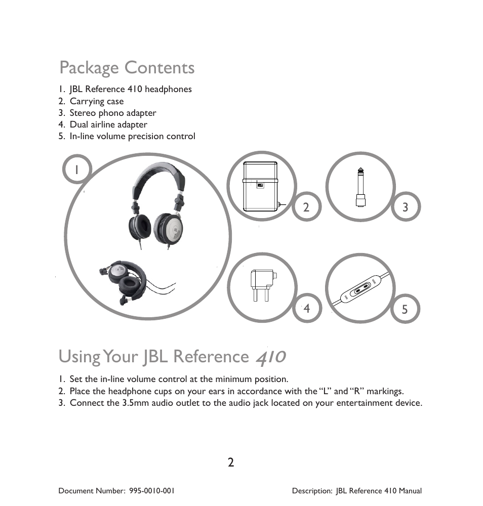 Package contents, Using your jbl reference | JBL 410 User Manual | Page 3 / 37