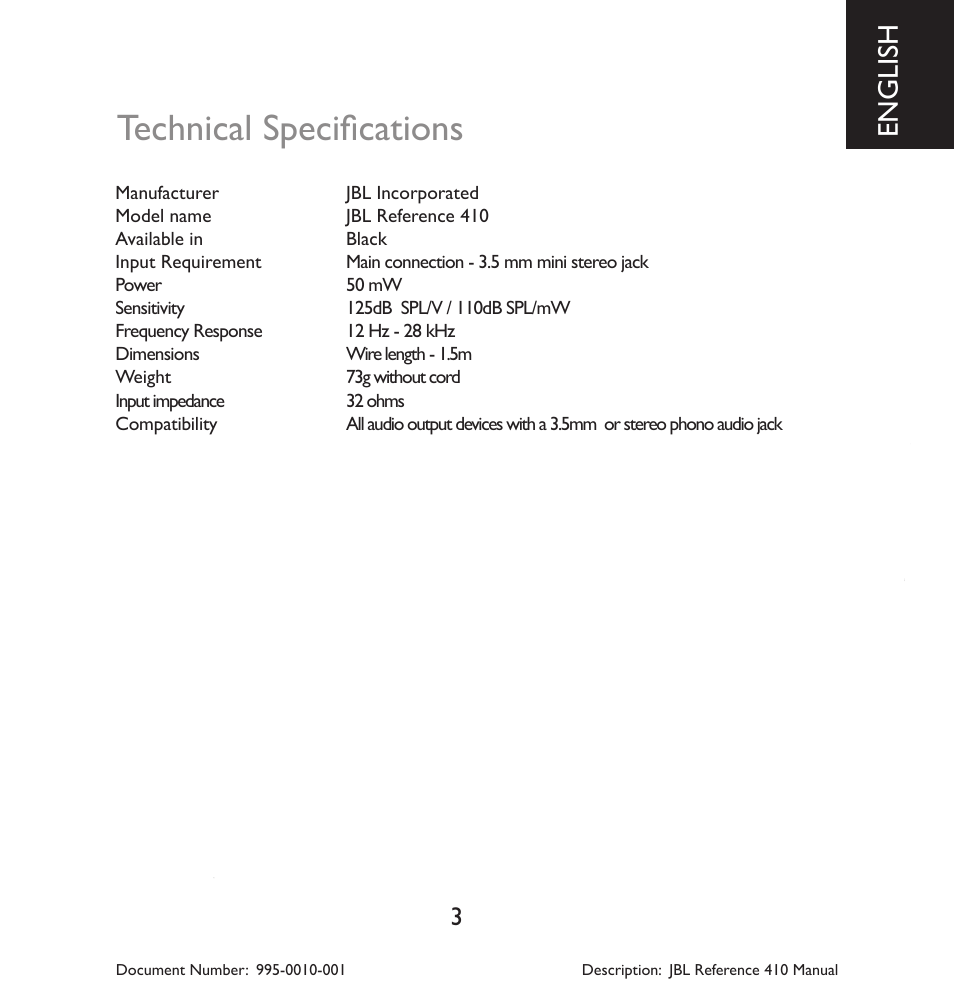 Technical specifications, English | JBL 410 User Manual | Page 4 / 37