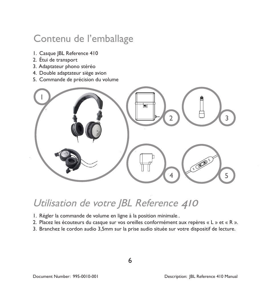 Utilisation de votre jbl reference, Contenu de l’emballage | JBL 410 User Manual | Page 7 / 37