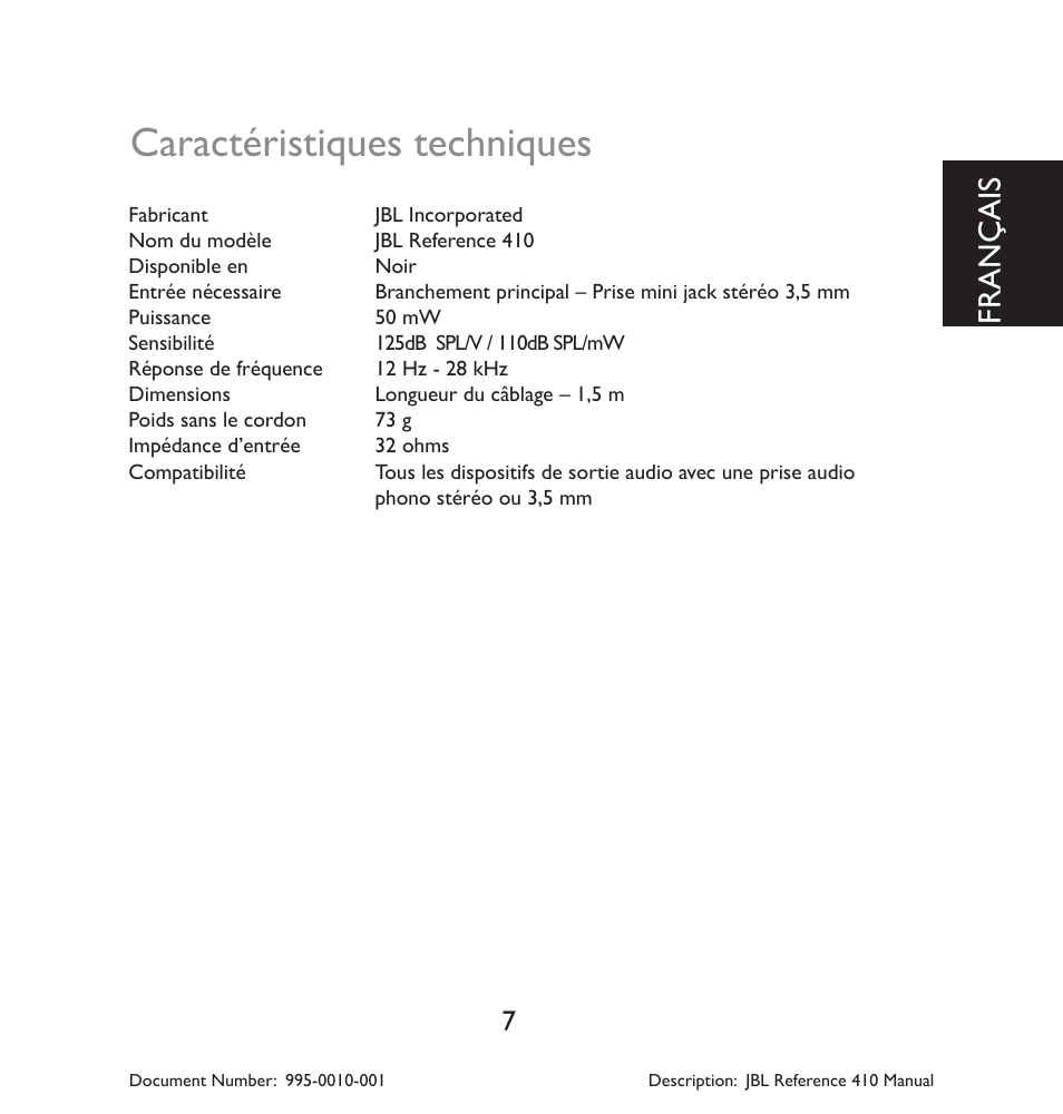 Caractéristiques techniques, Français | JBL 410 User Manual | Page 8 / 37