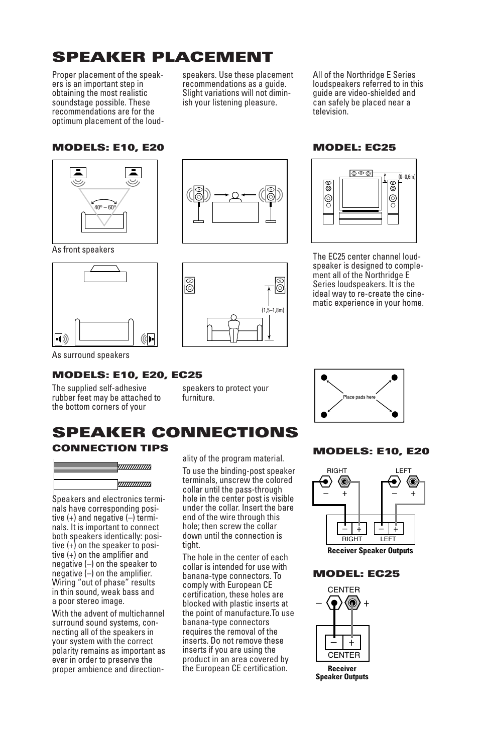 Speaker placement, Speaker connections | JBL EC25 User Manual | Page 2 / 4