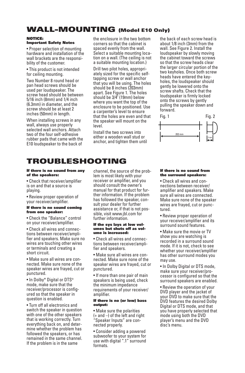 Troubleshooting, Wall-mounting | JBL EC25 User Manual | Page 3 / 4