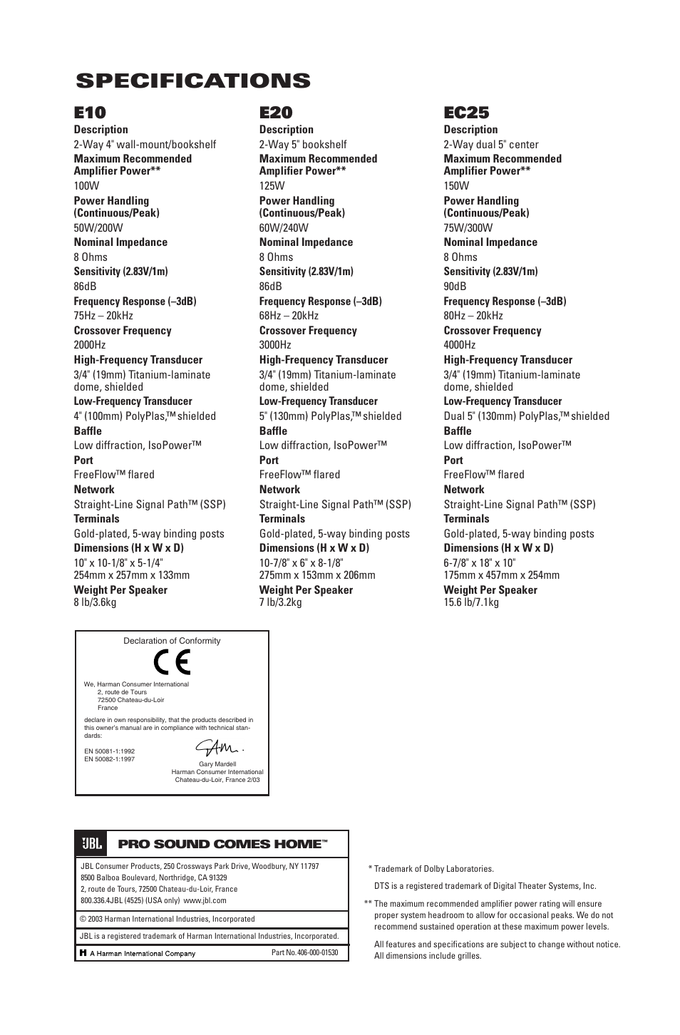 Specifications | JBL EC25 User Manual | Page 4 / 4