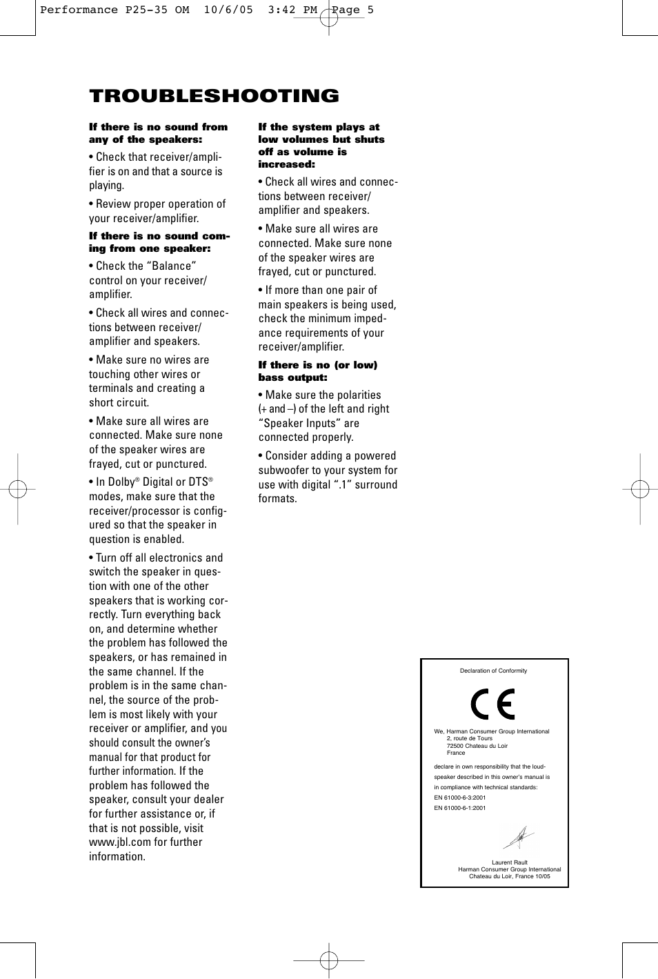 Troubleshooting | JBL SPEAKER PLACEMENT P25 User Manual | Page 3 / 4