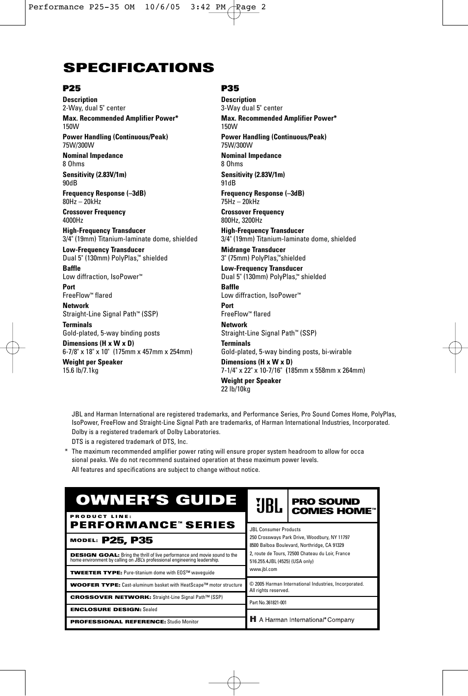 Owner’s guide, Specifications, P25, p35 performance | Series | JBL SPEAKER PLACEMENT P25 User Manual | Page 4 / 4