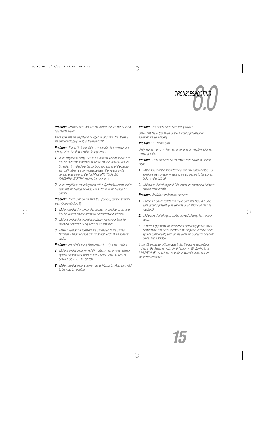 Troubleshooting | JBL S5160 User Manual | Page 15 / 16