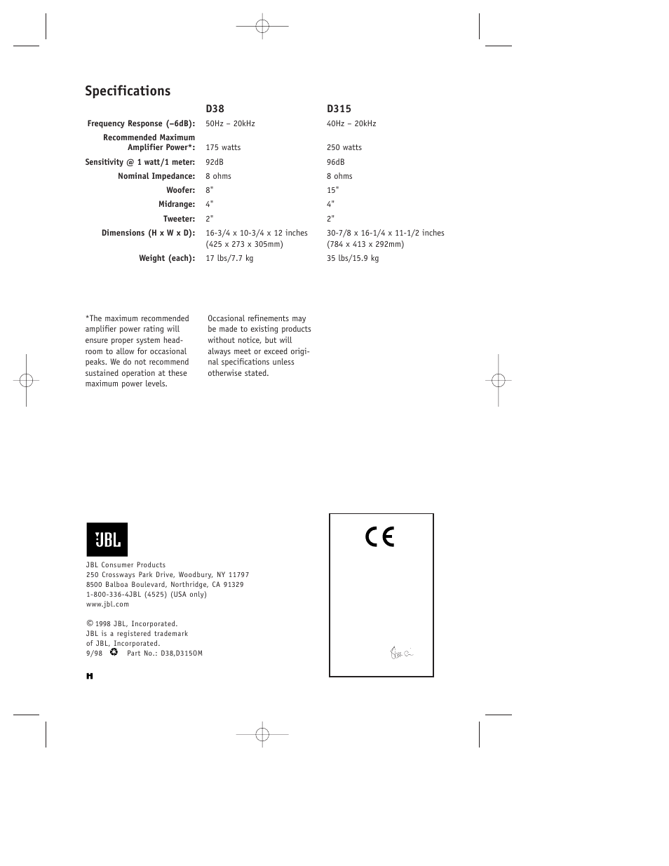 Specifications | JBL D38 User Manual | Page 4 / 4