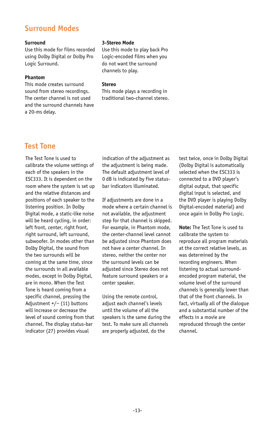 Surround modes, Test tone | JBL ESC333 User Manual | Page 13 / 16