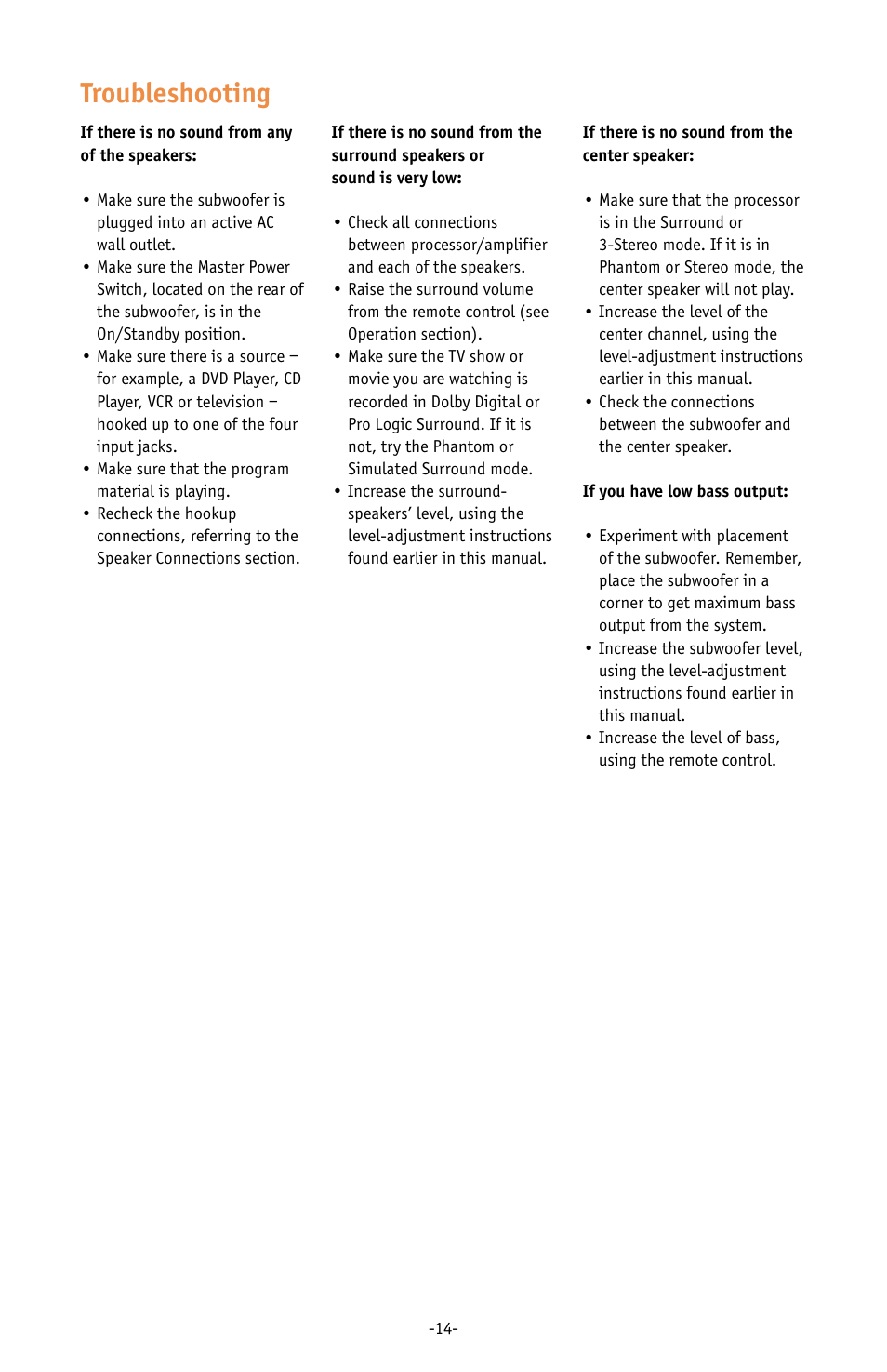 Troubleshooting | JBL ESC333 User Manual | Page 14 / 16