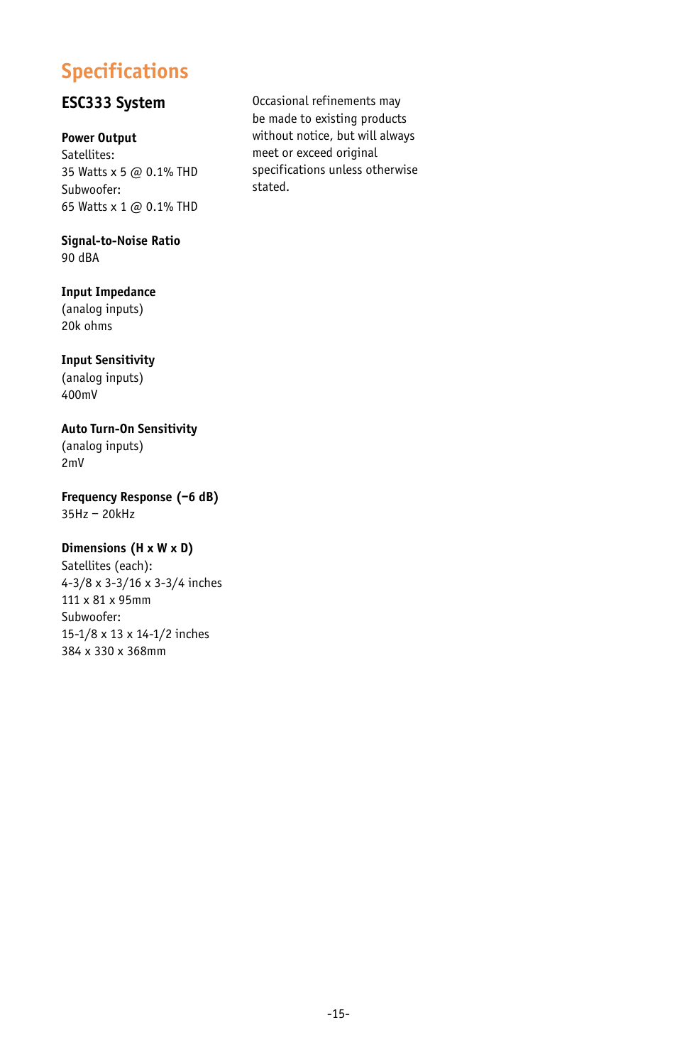 Specifications, Esc333 system | JBL ESC333 User Manual | Page 15 / 16