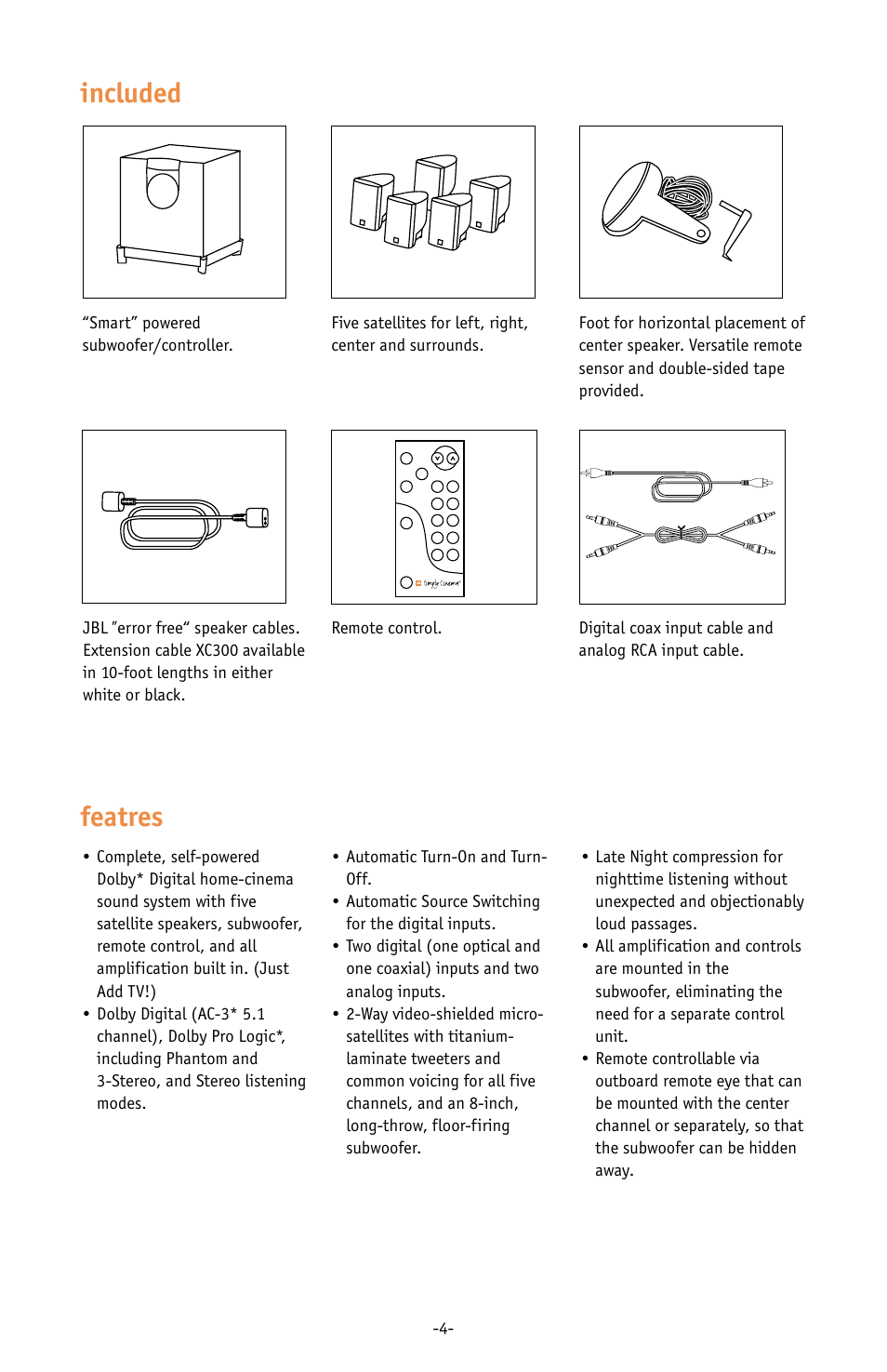 Featres, Included | JBL ESC333 User Manual | Page 4 / 16