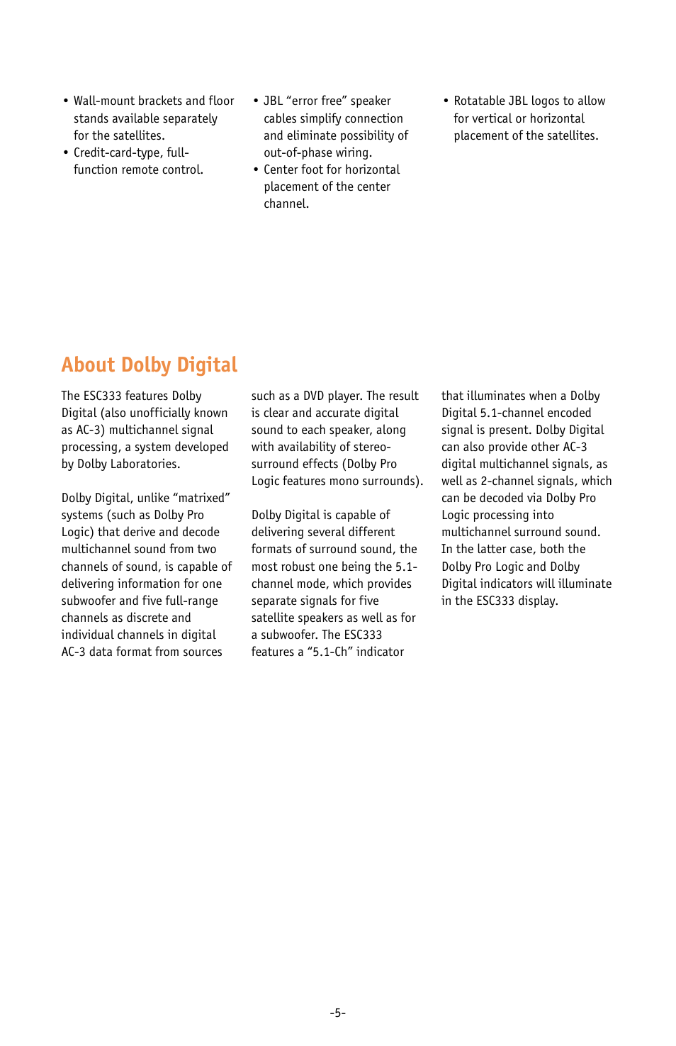 About dolby digital | JBL ESC333 User Manual | Page 5 / 16