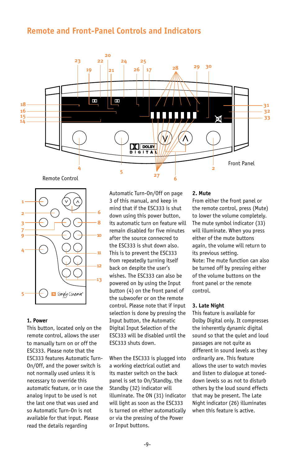 Remote and front-panel controls and indicators | JBL ESC333 User Manual | Page 9 / 16