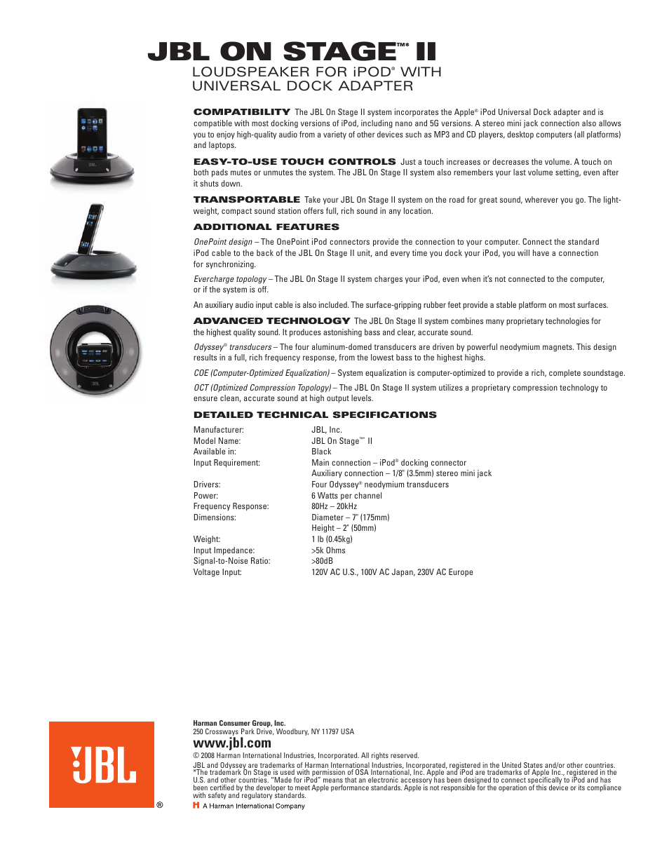 Jbl on stage, Loudspeaker for ipod, With universal dock adapter | JBL Stage III User Manual | Page 2 / 2