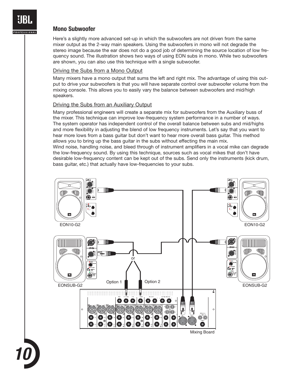 Mono subwoofer, Driving the subs from a mono output, Driving the subs from an auxiliary output | JBL EONSUB-G2 User Manual | Page 10 / 16