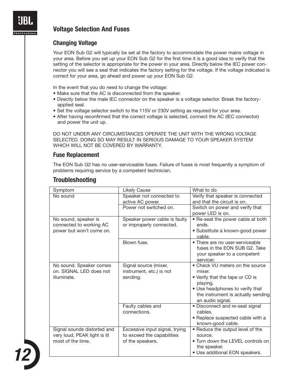 Voltage selection and fuses, Troubleshooting, Changing voltage | Fuse replacement | JBL EONSUB-G2 User Manual | Page 12 / 16