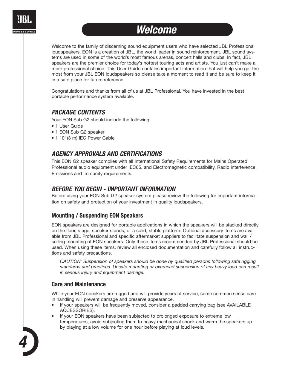 Welcome | JBL EONSUB-G2 User Manual | Page 4 / 16