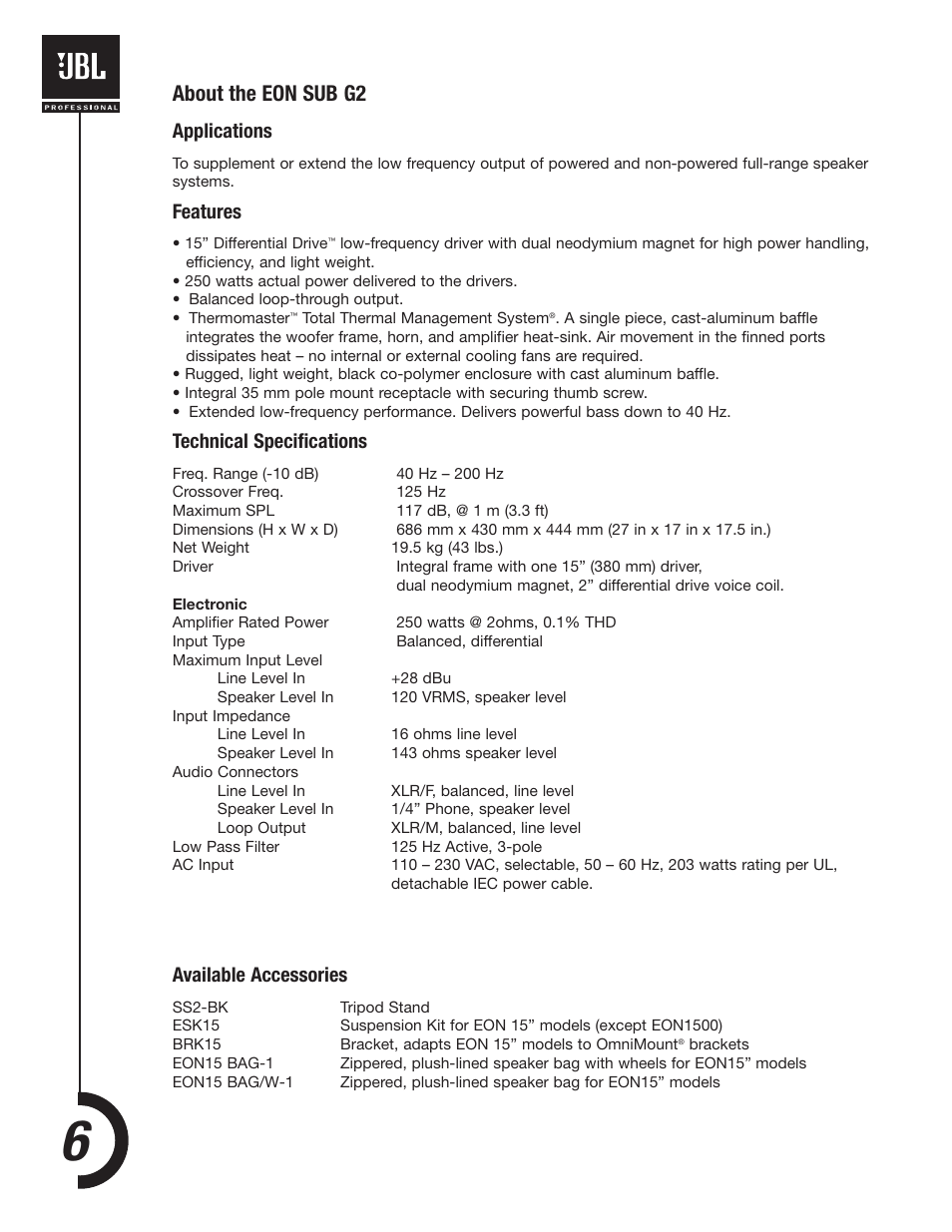 About the eon sub g2, Applications, Features | Technical specifications, Available accessories | JBL EONSUB-G2 User Manual | Page 6 / 16