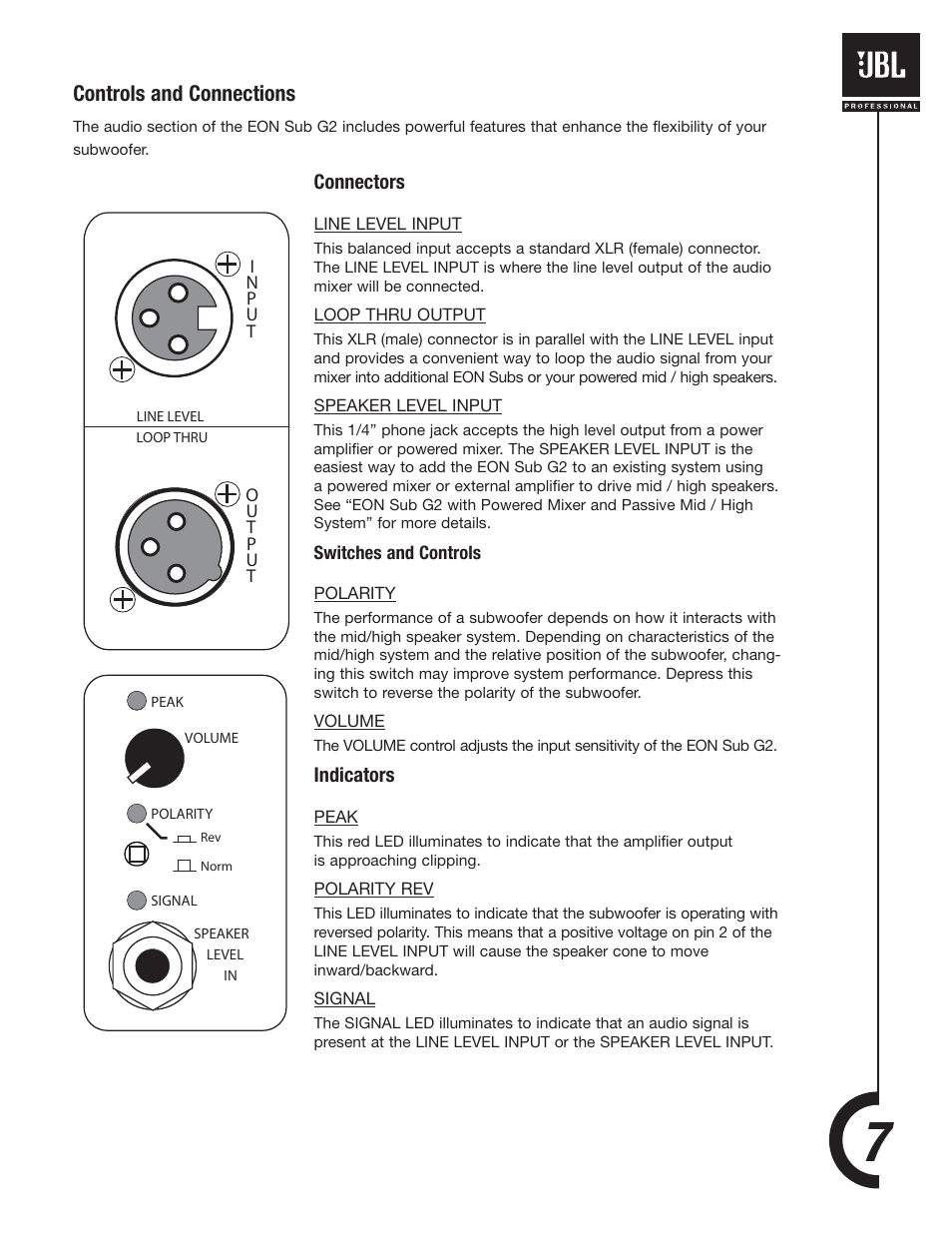 Controls and connections | JBL EONSUB-G2 User Manual | Page 7 / 16