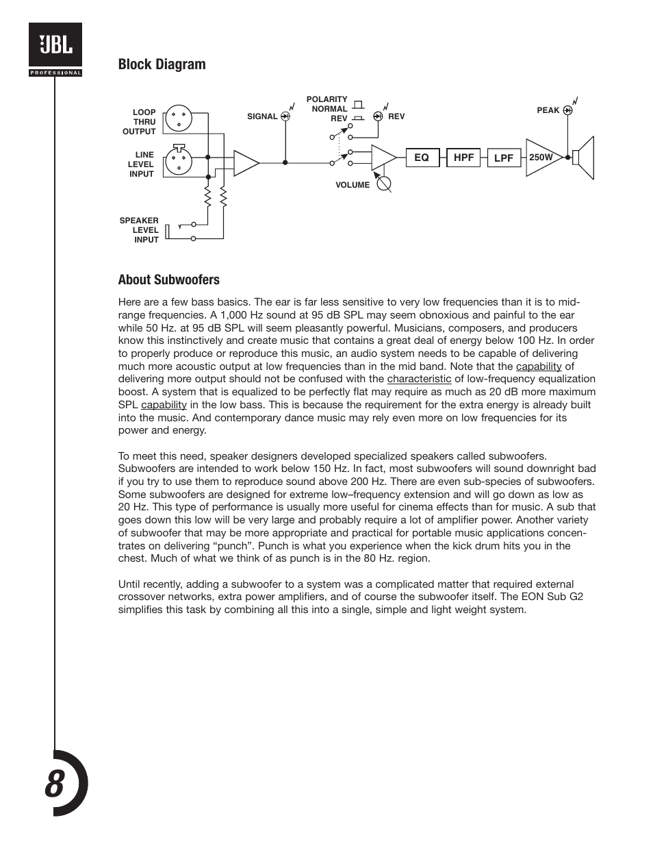 Block diagram, About subwoofers | JBL EONSUB-G2 User Manual | Page 8 / 16