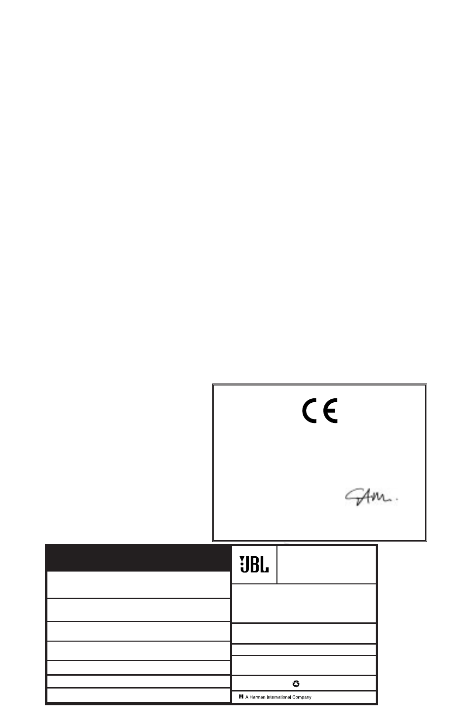 Specifications, Hti6, Hti8 | Hti55, Hti6c, Owner’s guide, Declaration of conformity | JBL HTI6 User Manual | Page 8 / 8