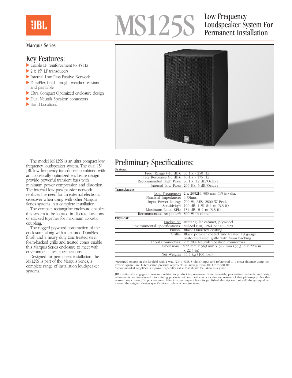 JBL Low Frequency Loudspeaker For Permanent Installation MS125S User Manual | 2 pages