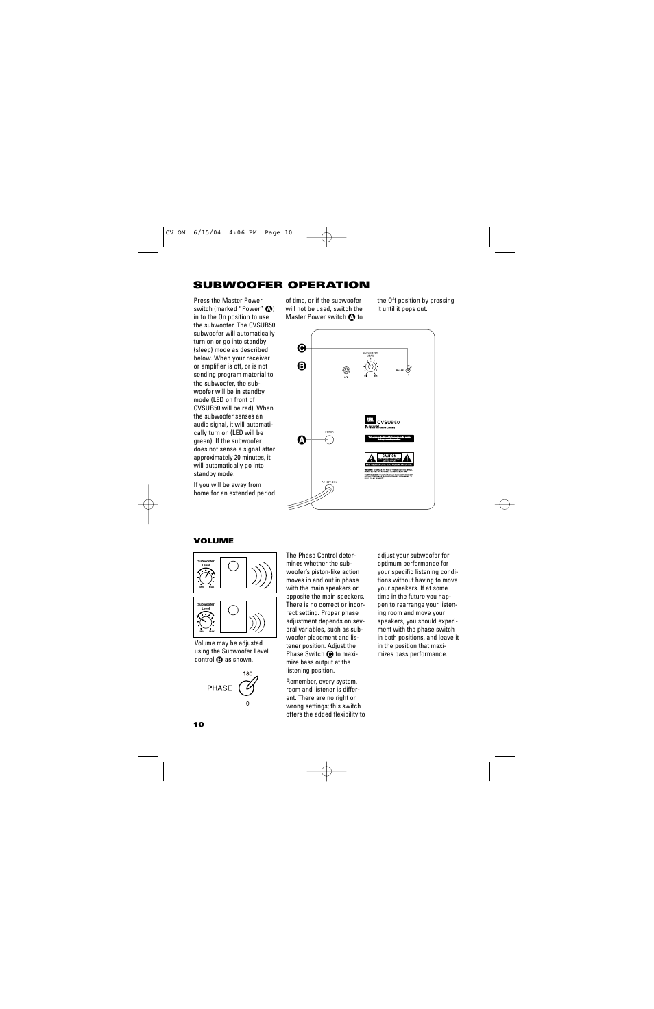 Subwoofer operation | JBL CVCEN50 User Manual | Page 10 / 12